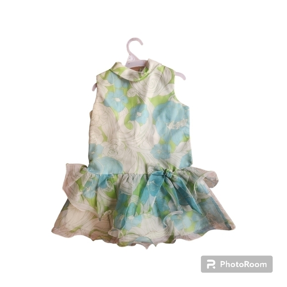 Vintage Other - 60s/70s Girls Organza Ruffle Hem Dress Floral Blue Green And White 3/$25 vtg